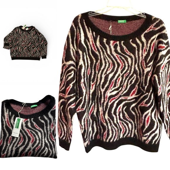 United Colors Of Benetton Sweaters - United Colors Of Benetton Mohair blend Black + Red Zebra design Sweater Med NWT